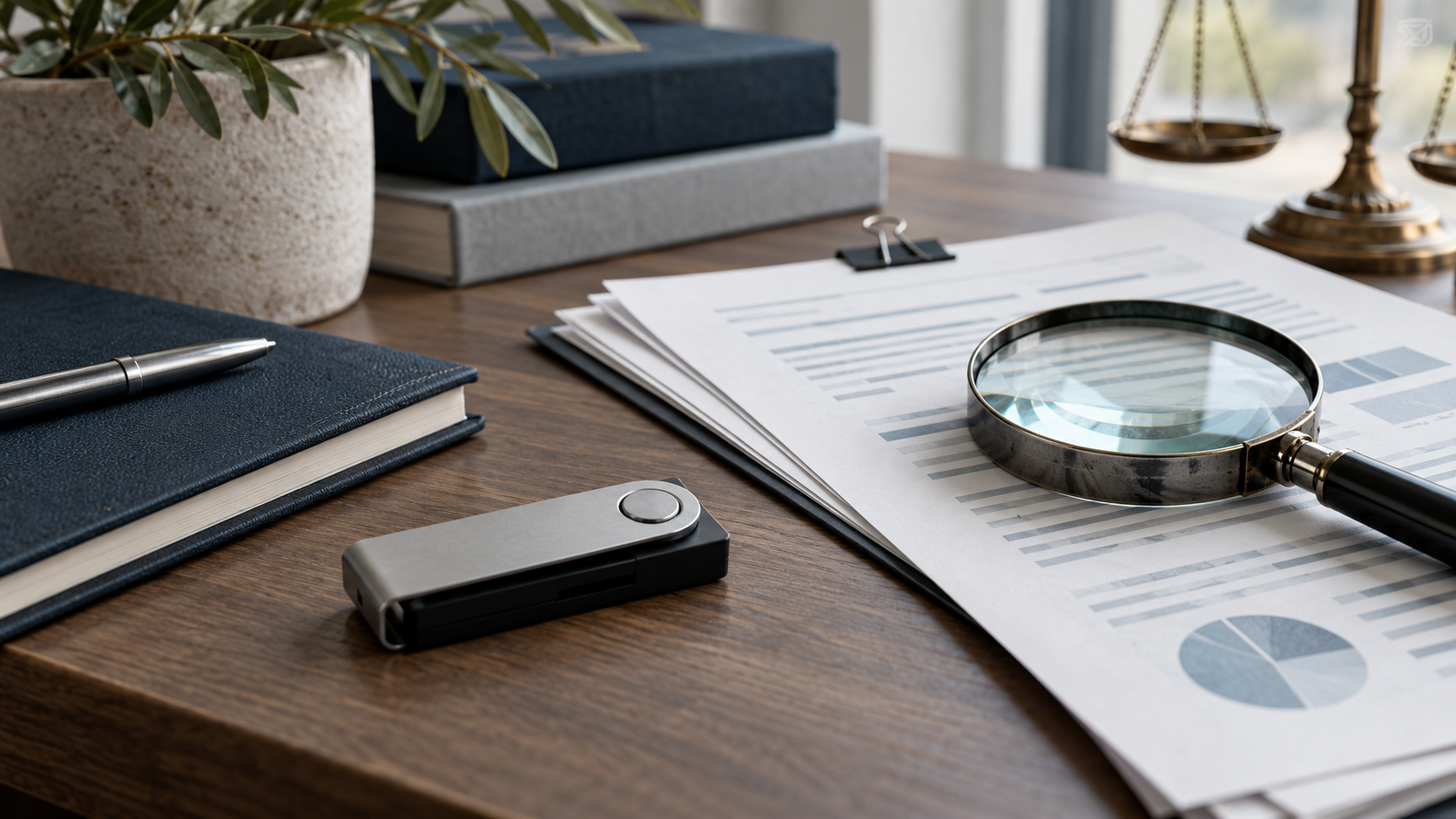 Documentos de cumplimiento y una cartera digital bajo una lupa